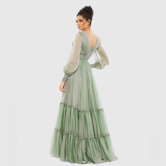 MAC DUGGALFaux Wrap Illusion Bishop Sleeve Tiered Gown